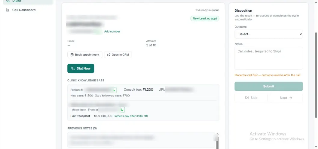 A new lead with no appointment, showing the clinic knowledge base inline: dialer number, consult fee, UPI, per-site front desk and treatment pricing, plus previous call notes
