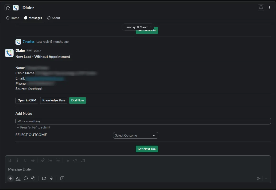Slack app: a lead card posted into a channel with name, clinic, email, phone and source, plus Open in CRM, Knowledge Base and Dial Now buttons, a notes field and an outcome picker