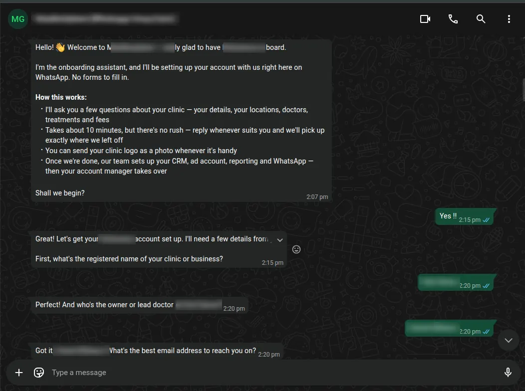 WhatsApp: the agent opens with what it will ask and how long it takes, then begins collecting the business name and owner