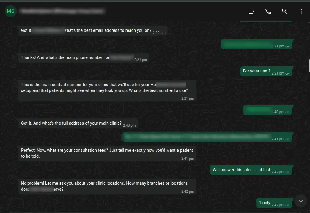WhatsApp: the agent collects email, main phone number and address, answering a question about why it needs the number and accepting a deferral on fees